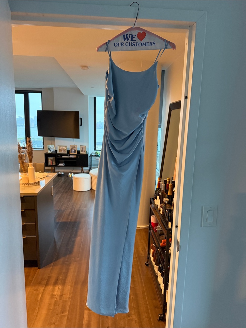 Bec & Bridge Sky Blue Satin Draped Maxi Slip Dress